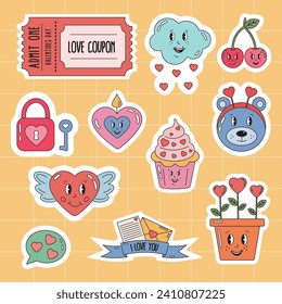 Sticker pack of funny cartoon Valentine heart, gift, letter, cupcake, coupon, key, flowers. Sticker badges and labels, romantic themed holidays Valentine day pack. Romantic doodle vector icons.