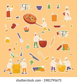 Sticker pack funny chef cook are cooking food, dish on kitchen in restaurant. Funny men and women making soup, pizza, dough. Kitchen tools, vegetables. Vector illustration isolated on background. EPS