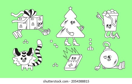 Sticker pack of funny christmas theme characters. Comic christmas tree, cocoa paper cup, present or gift, ball and tiger with abstract faces. Big set of comic elements in trendy retro cartoon style.
