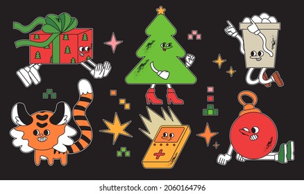Sticker pack of funny christmas theme characters. Comic christmas tree, cocoa paper cup, present or gift, ball and tiger with abstract faces. Big set of comic elements in trendy retro cartoon style.