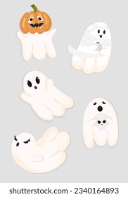 Sticker pack with funny ghosts on a light grey background. Cute flying souls, halloween characters. Ghosts in flight, scary ghosts, different emotions, pumpkins, mummy