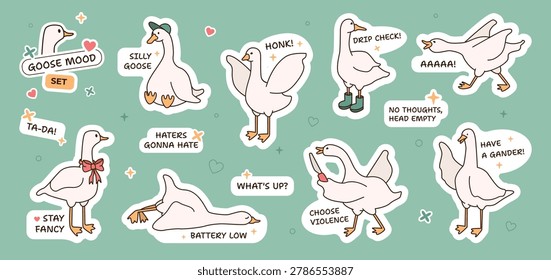 Sticker pack of funny and quirky doodle goose characters with humorous quotes. A creative vibrant collection of 