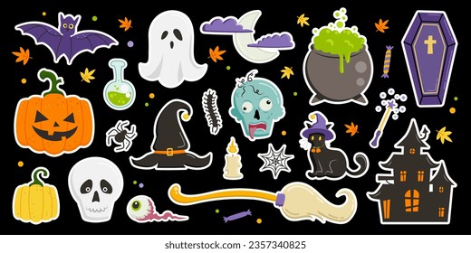 Sticker pack of Halloween cartoon elements. Vector illustration, big set of spooky design elements in simple cartoon style. Scary items, symbols and signs. Halloween decorations.
