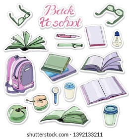 Sticker pack of  hand drawn ink and colored  sketch with books and school items . Color elements isolated on white background. Vector illustration.