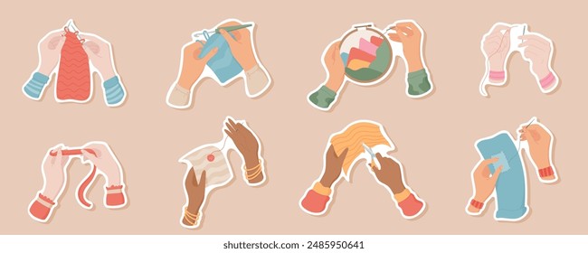 Sticker pack of hands crocheting, sewing, and embroidery with thread and needle. Cute illustration of various hand positions holding sewing tools. Essential supplies for handmade craft projects.