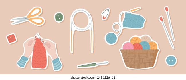 Sticker pack hands knitting with a thread, and a basket of colorful yarn. Scissors, buttons, and knitting needles for tailoring. Cute illustration of essential sewing supplies for handmade projects.