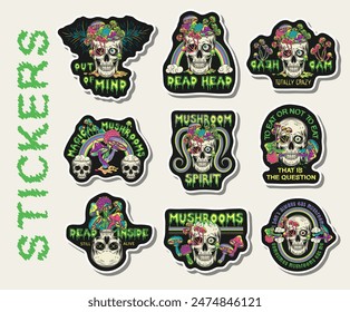 Sticker pack with human skull with fantasy mushrooms, text. Crazy mad skull with single eye and growing through mushrooms. Illustrations on black background.