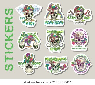 Sticker pack with human skull with fantasy mushrooms, text. Crazy mad skull with single eye and growing through mushrooms. Illustrations on white background.