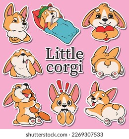 Sticker pack illustrtions little corgi character puppy