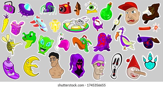 Sticker pack, include: birds, human faces, graffiti, birds, turtle, dynamite, gun, spider, watch, potion, moon-head, snake, bee, cartoon characters and other stickers.