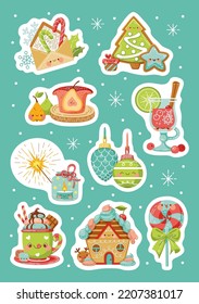 Sticker pack with kawaii christmas elements. Set of cute vector illustration