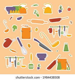 Sticker Pack Küchenwerkzeuge und Gemüse zum Kochen von Lebensmitteln. Drucken Sie für das Kochbuch. Vektorgrafik einzeln auf Hintergrund. EPS10