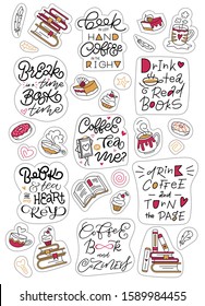 Sticker pack with lettering and illustration. Book cafe, shop, club decoration. Useable in bullet journals, diaries. Hand-drawn doodle style mugs, cups, cupcakes, donuts, paper clip. Cutting guides.
