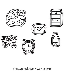 Sticker pack. Sticker line drawings vector. Vector image. Icons of different types of cookies milk letter butterfly clock bottle  white.