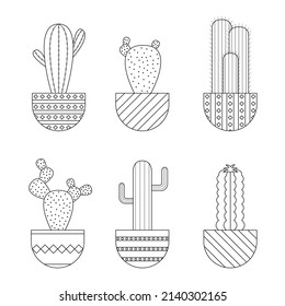 Sticker pack with linear cactuses. Linear vector illustration with exotic cactus. Succulent outline set. 