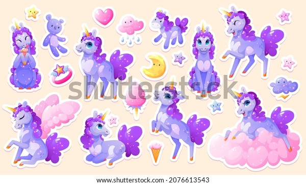 Sticker pack with magic unicorn, cute cartoon pony or\
horse with horn and purple mane with sparkles. Isolated patches for\
girls with fantasy character, star, moon, ice cream, cloud or ring,\
Vector set