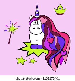 Sticker pack with magical unicorn, crown, magic wand. It can be used as sticker, icon, pin, patch, etc.