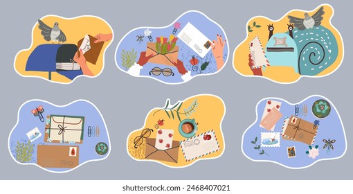 Sticker pack of mail symbols, paper letters, envelopes, postal mail. Hand drawing isolated.