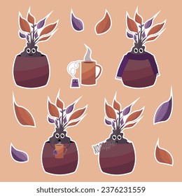 Sticker pack with Mandrake character, drawn vector Mandrake sticker pack, autumn sticker set, potted plant
