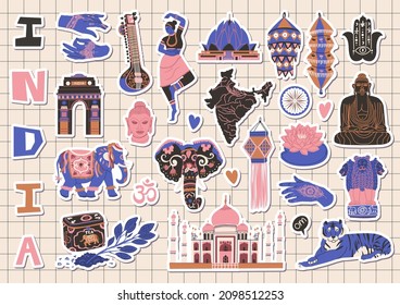 Sticker Pack with national Indian elements and Sights. Mehendi, Buddha, festival elephant, sitar, paper lanterns, Taj Mahal, tea, lotus, Hamsa hand, Triumphal Arch. Flat style in Vector illustration.