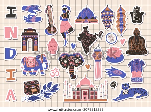 Sticker Pack with national Indian elements\
and Sights. Mehendi, Buddha, festival elephant, sitar, paper\
lanterns, Taj Mahal, tea, lotus, Hamsa hand, Triumphal Arch. Flat\
style in Vector\
illustration.