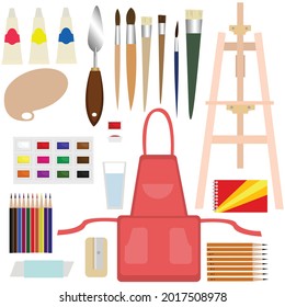 Sticker pack on the Artist theme, made in vector: acrylic, palette knife, brushes, easel, palette, watercolor, paint, a glass of water, colored pencils, eraser, pencil sharper, artistic apron, pencil