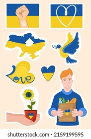 Sticker pack Peace for Ukraine. Ukraine People Volunteer, Ukrainian Flag, Map, Pigeon, Hearts, Sunflower. Stop the war. On white isolated Background.