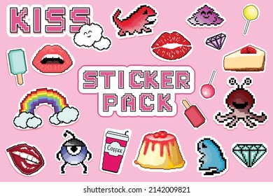 Sticker pack. Pixel sticker vector illustration. 