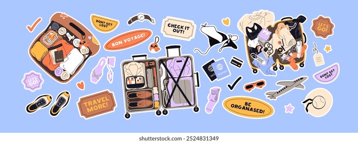 Sticker pack for plane travel. Set of open suitcases, hand baggage, luggage for journey. Bags are full of clothes, bikini, documents for summer vacation tour. Flat isolated vector illustrations