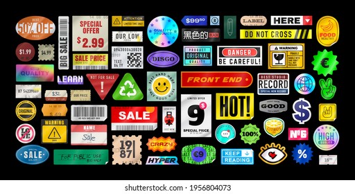Sticker pack. Price stickers. Peeled Paper Stickers. Price Tag. Isolated on black background