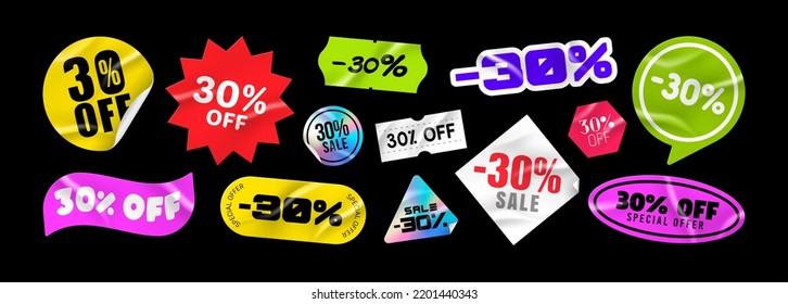 Sticker pack. Price stickers. Sale -30% off. Peeled Paper Stickers. Price Tag. Isolated on black background