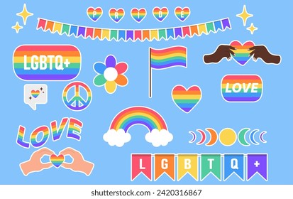 Sticker pack Pride LGBTQ+. Icon set on blue background. Symbol of the LGBT pride community. Elements in rainbow colors. Vector Illustration