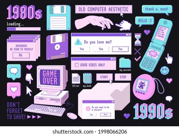 Sticker pack of retro pc elements. Old computer aestethic. Set of user interface elements and technology illustration in trendy retrowave style. Nostalgia for 1980s -1990s.