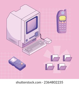 Sticker pack of retro pc elements. Old computer aestethic 1980s -1990s.