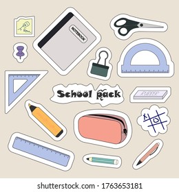 Sticker pack of school theme. Various stationery tools. Protractor, pencil case, eraser, clip, ruler, felt-tip pen, pen, pencil, note, notebook, scissors, thumbtacks.