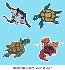 Sticker pack with sea animals. Cartoon character for comics and postcards. Vector image.