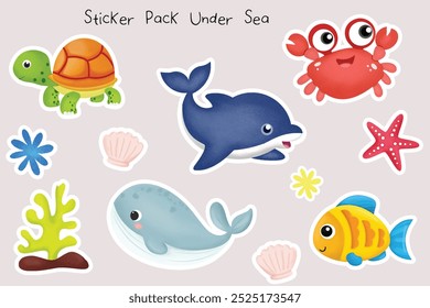 Sticker Pack Sea Animals Cartoon Vector