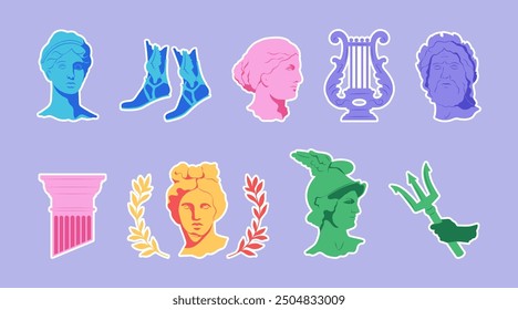 Sticker pack set of greek statues and ancient design elements, harp, column, wings, trident 2000s. Modern y2k icon, retro characters. Vector