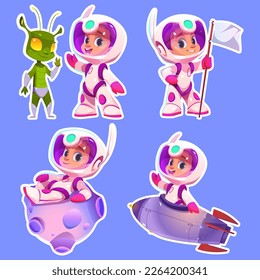 Sticker pack, set of kid astronaut in space cartoon vector illustration. Isolated spaceman on planet with rocket isolated. Cute boy near alien, holding white flag. Funny rpg galaxy asset design.