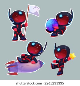 Sticker pack, set of kid astronaut in space cartoon vector illustration. Isolated spaceman on rocket, hold planet isolated. Cute black robot with white flag and star. Funny rpg galaxy asset design.