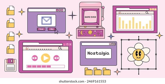 Sticker pack. Set of retro pc and computer icons. Browser and pop-up window. Vector illustration. Isolated. Psychedelic and hippie. Aesthetics. Brutalism. 2000s. Groovy style