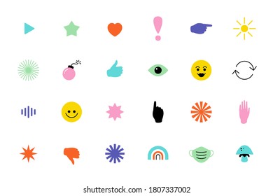 Empaquetar iconos de color como sonrisa, sol, mano, máscara, estrella, corazón, botón de juego, arco iris