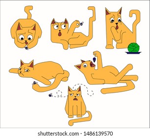 
sticker pack of six red multi-emotional cute cats that play with midge
