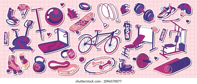 Sticker pack with Sports equipment. Gym, training, activities, lifestyle. Stickers, clip art. Jump rope, weights, kettlebell, dumbbell, tracker.  Isolated elements. Vector illustration. Flat style. 