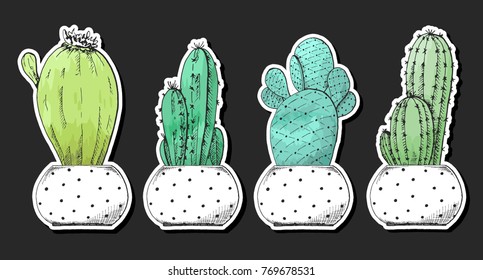 Sticker pack of succulents in pots. Stylized watercolor. Vector illustration.