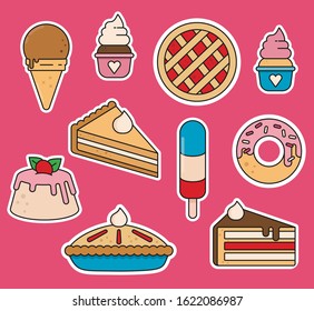sticker pack with sweets and pastries on a pink background