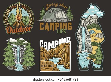 Sticker pack travel. Set for nature hiking and camp. Collection of retro-style camping badges featuring nature and outdoor elements. T-shirt print.