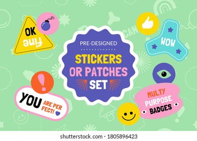 Sticker pack vector composition. Stand out with stickers. Bright design multipupose template.