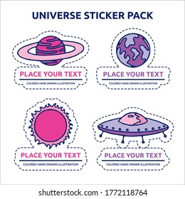 Sticker pack with violet and blue spaceship, pink planet, violet earth and pink sun sticker univerce vector cartoon illustration space cosmos logo set