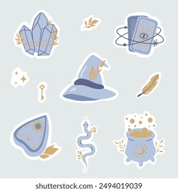 Sticker pack of witchcraft elements. Witchy magic equipment, potions, snake, hat, tarot cards, crystal, ouija board. Occult and esoteric symbols. Hand drawn vector illustration